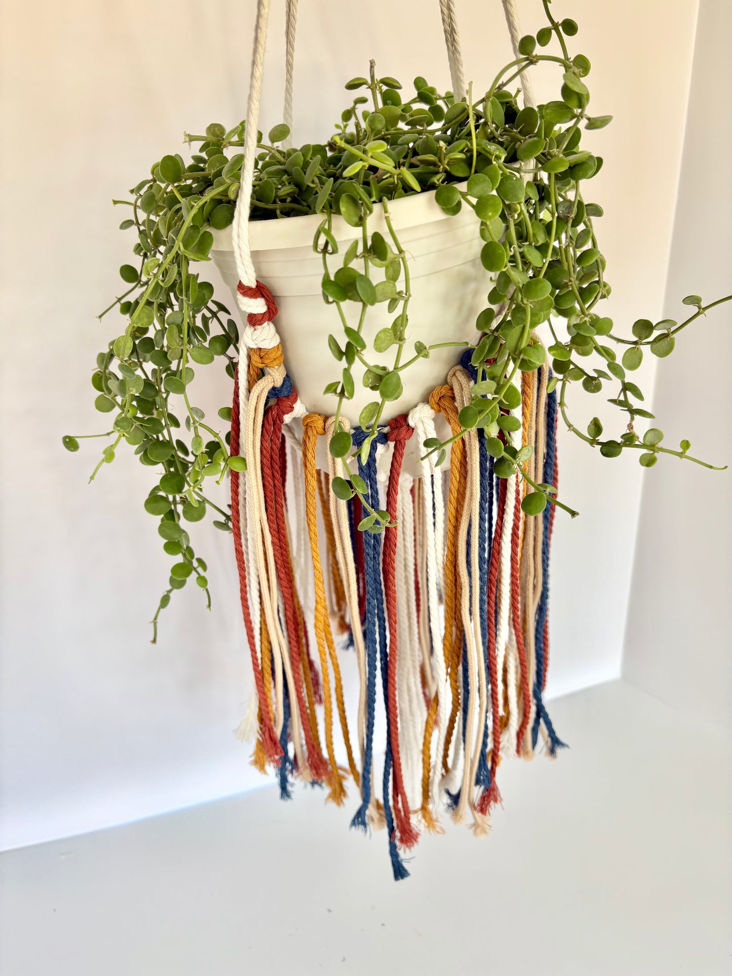 Handmade Boho Fringe Macrame Plant Hanger - White, Navy, Mustard & Rust