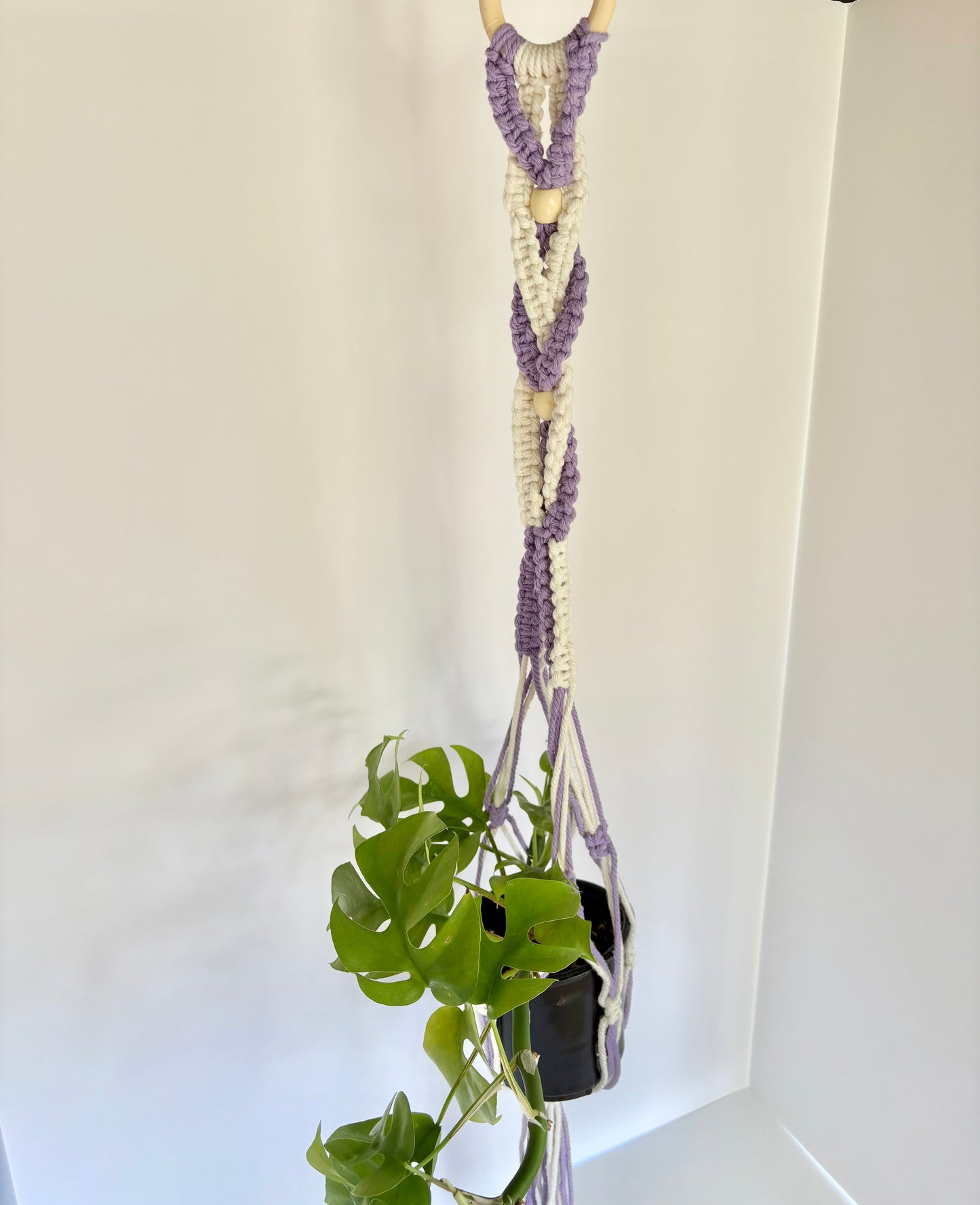 Handmade Macrame Plant Hanger - Lilac & White Spiral