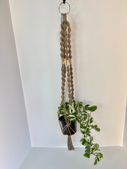 Handmade Macrame Plant Hanger - Beige with Brass Accents
