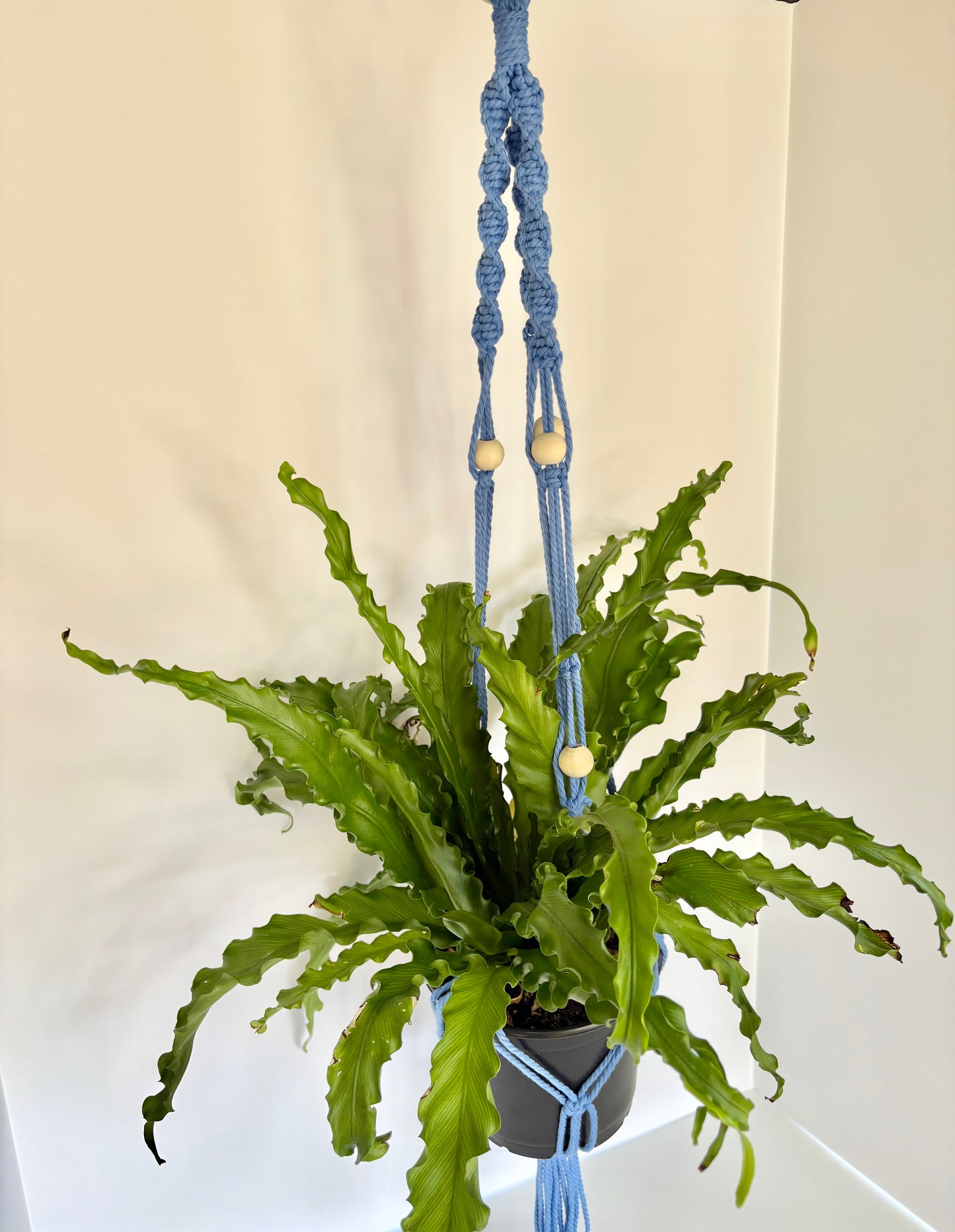 Handmade Macrame Plant Hanger - Light Blue with Silver Hoop & Wooden Beads