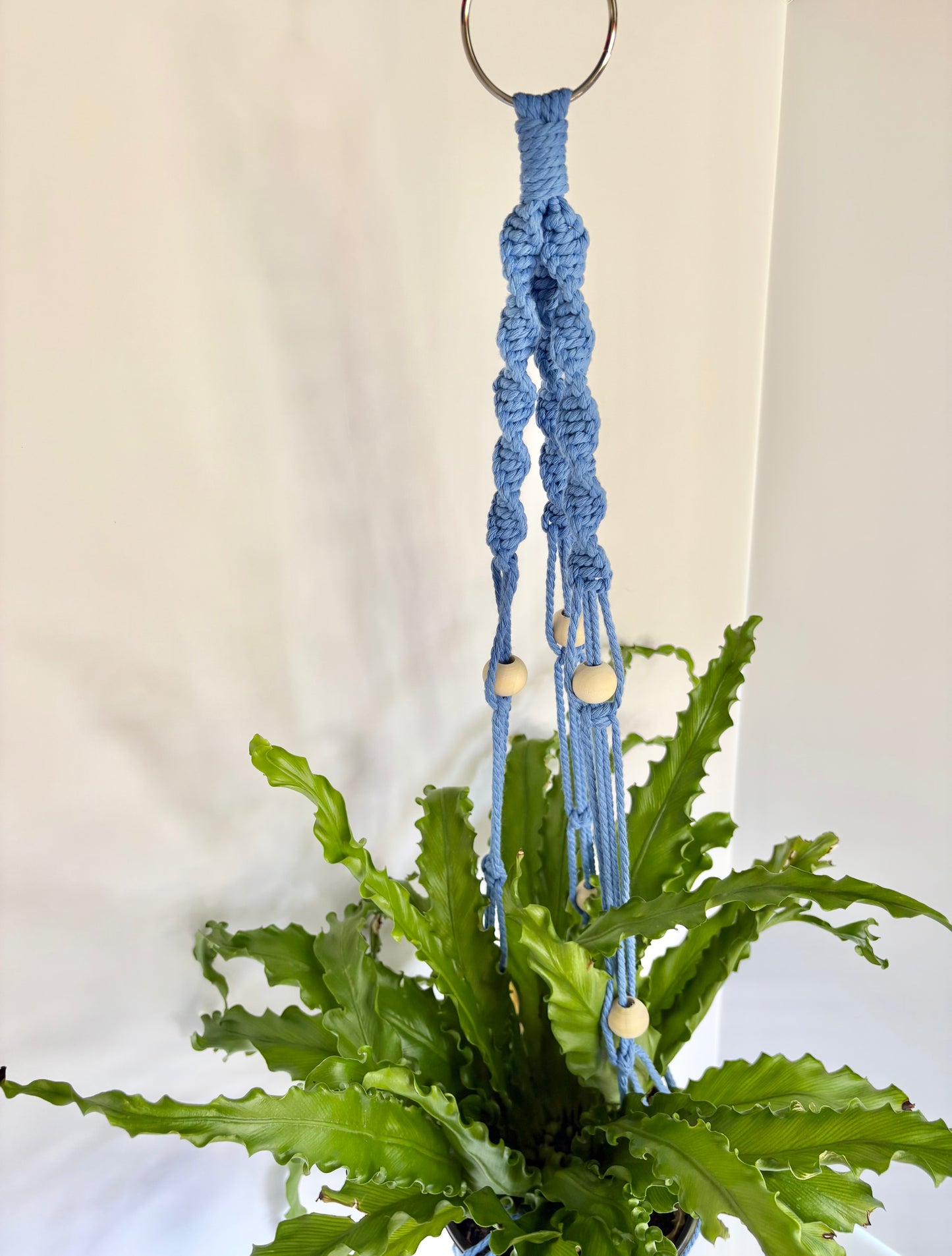 Handmade Macrame Plant Hanger - Light Blue with Silver Hoop & Wooden Beads