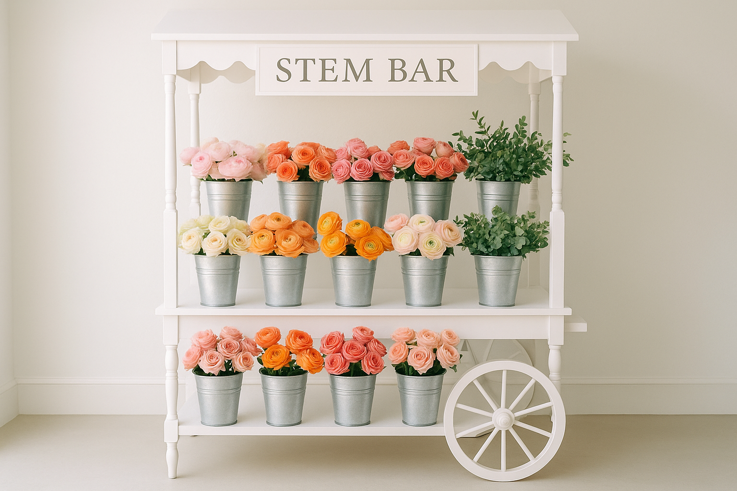 Flower cart stem bar with white stand and buckets