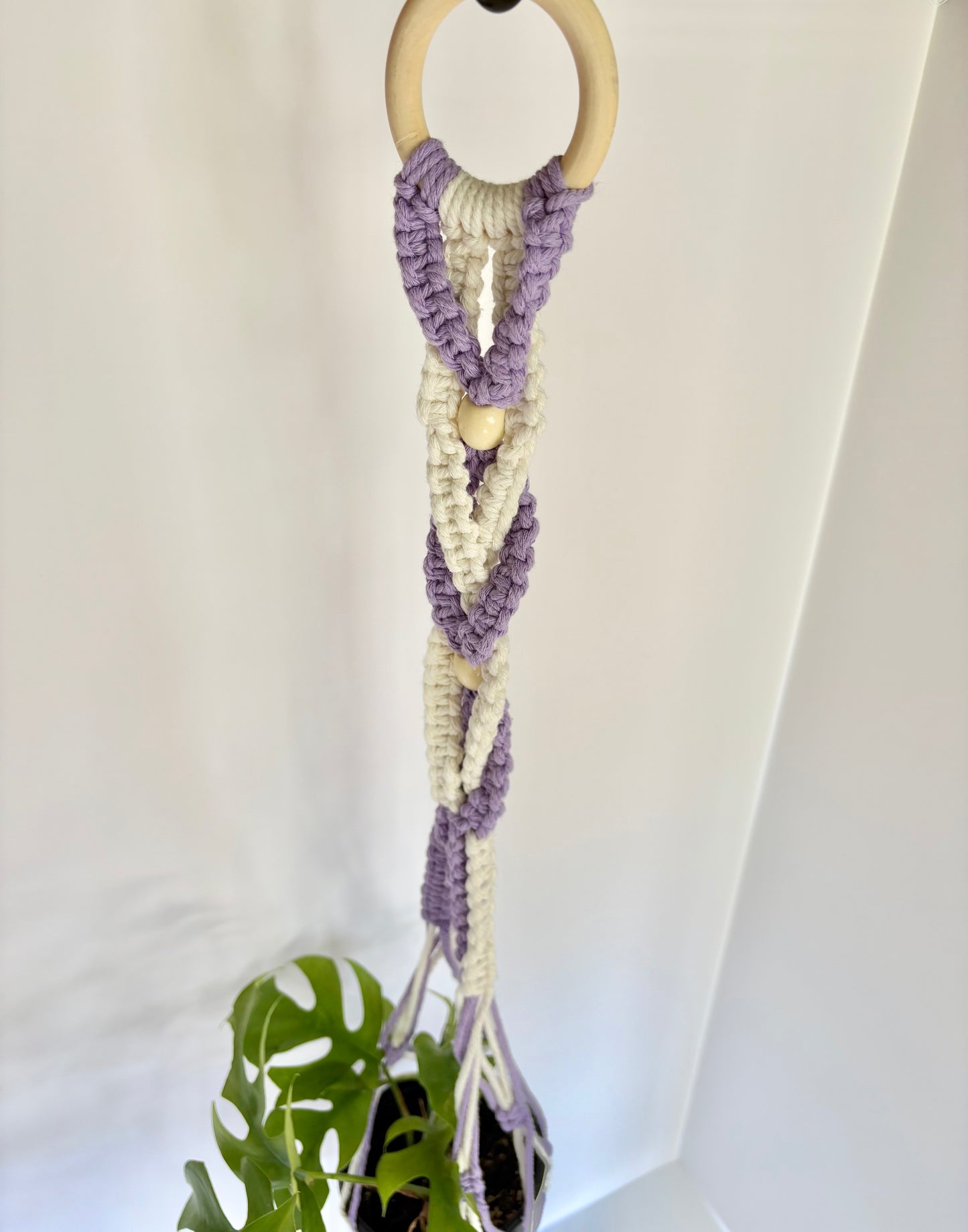 Handmade Macrame Plant Hanger - Lilac & White Spiral