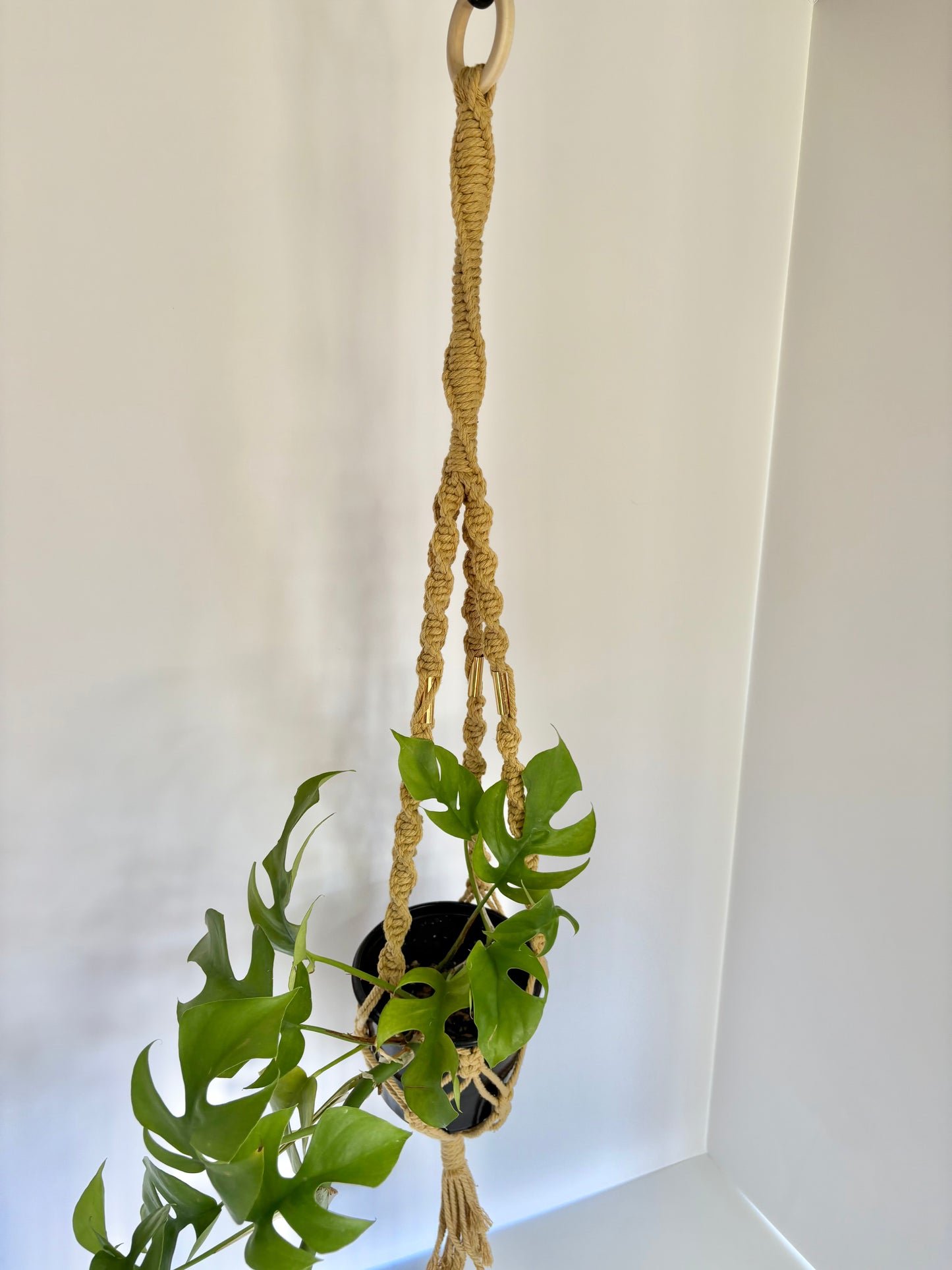 Handmade Macrame Plant Hanger - Mustard with Brass Accents & Spiral Knots
