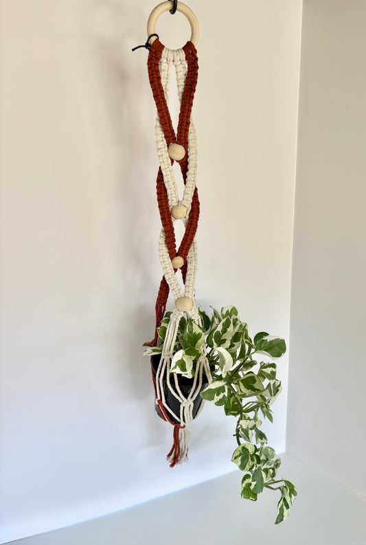 Handmade Macrame Plant Hanger - Rust & White Spiral with Wooden Beads