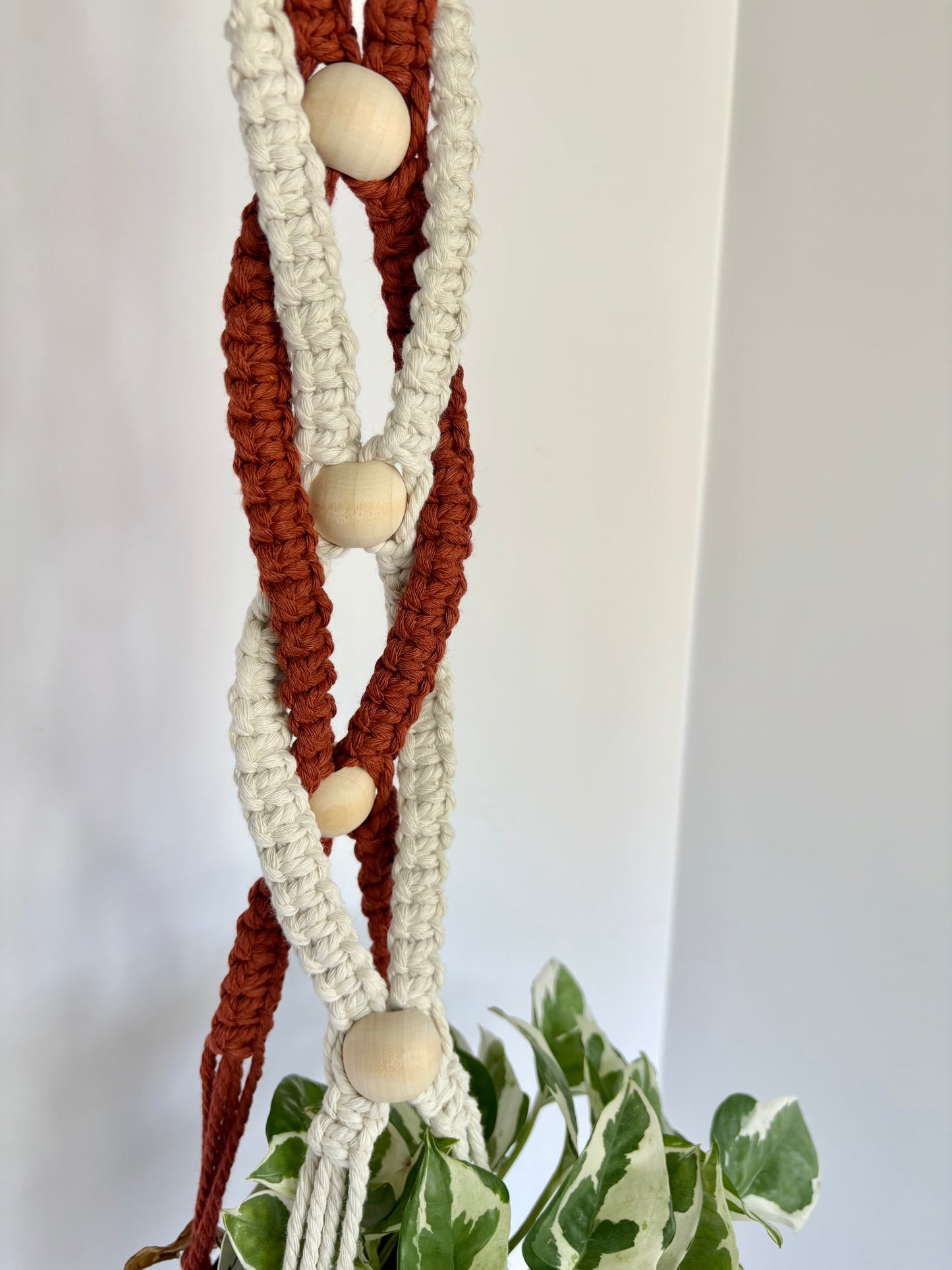 Handmade Macrame Plant Hanger - Rust & White Spiral with Wooden Beads