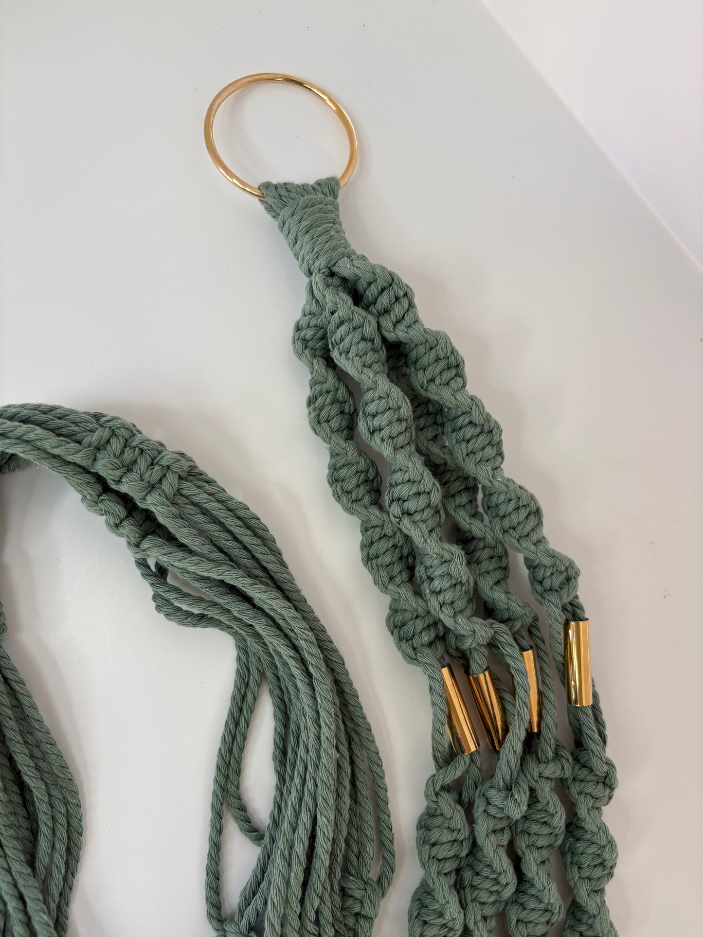 Handmade Macrame Plant Hanger - Sage with Brass Accents