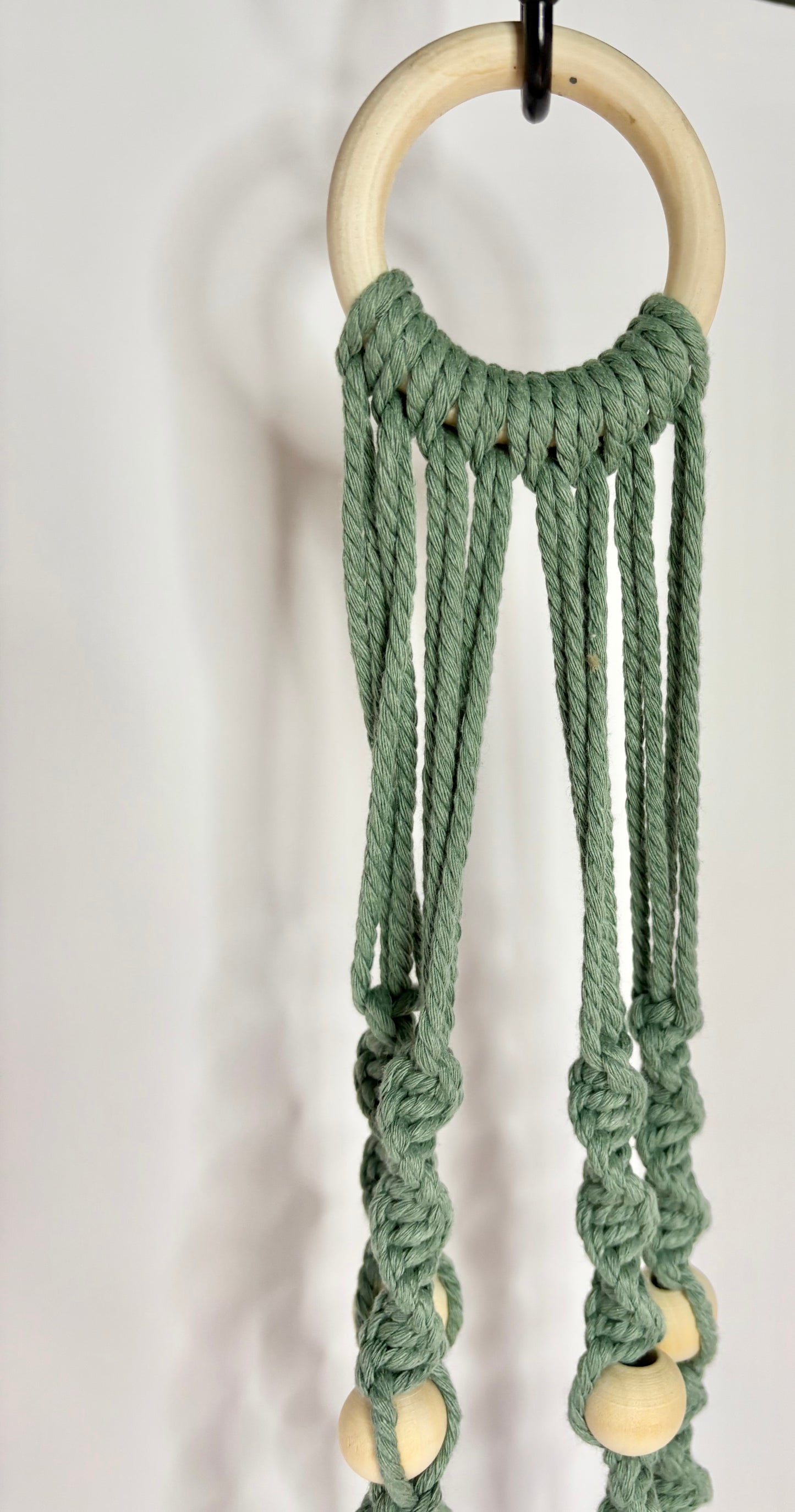 Handmade Macrame Plant Hanger - Sage Spiral Knot with Wooden Ring & Beads